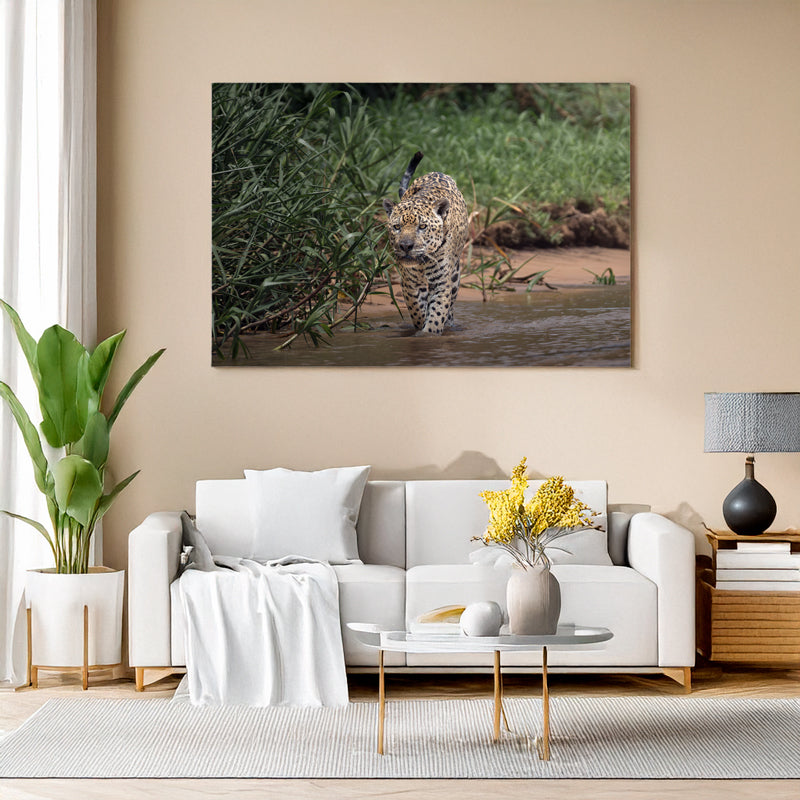 Modernes Wohnzimmer mit Leinwand mit einem Jaguar
